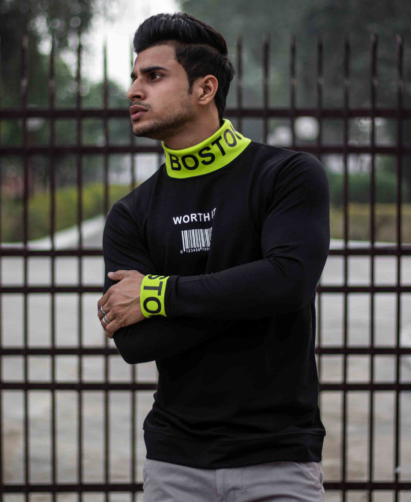 Black Worth It Chest Printed Full Sleeves T Shirt