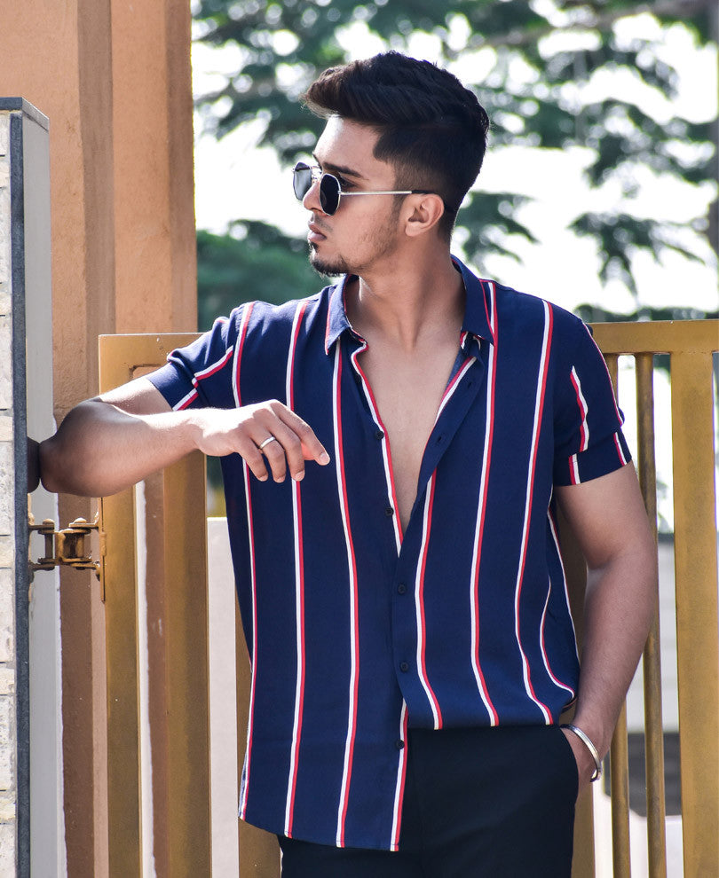 Navy Blue Multiple Stripes Half Sleeves Shirt