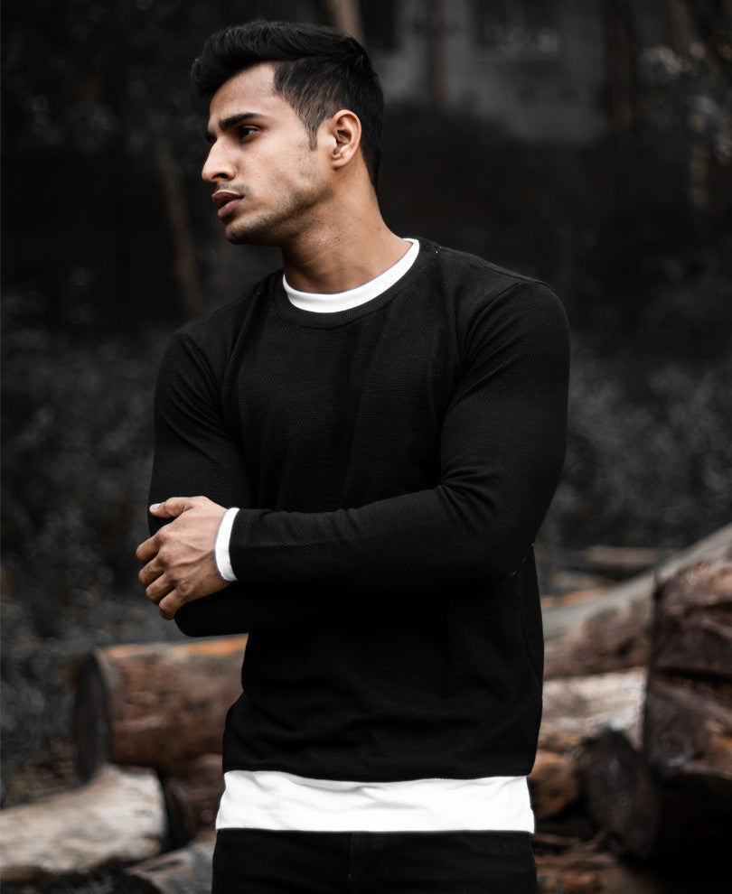 Black Double Crew Neck Full Sleeves T Shirt