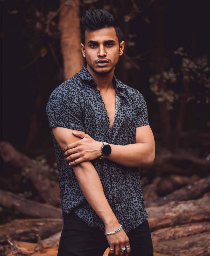 Grey Leopard Print Half Sleeves Shirt