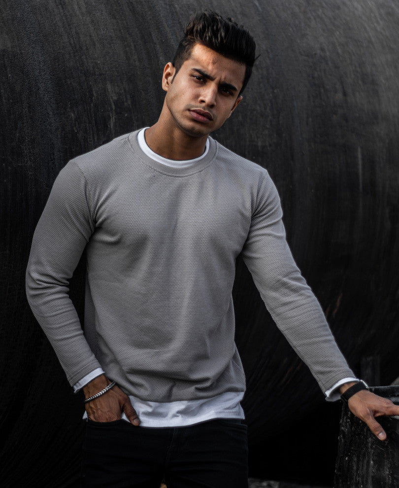 Grey Double Crew Neck Full Sleeves T Shirt