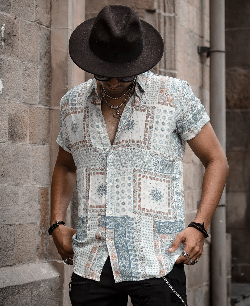 Light Green and White Bandana Print Half Sleeves Shirt