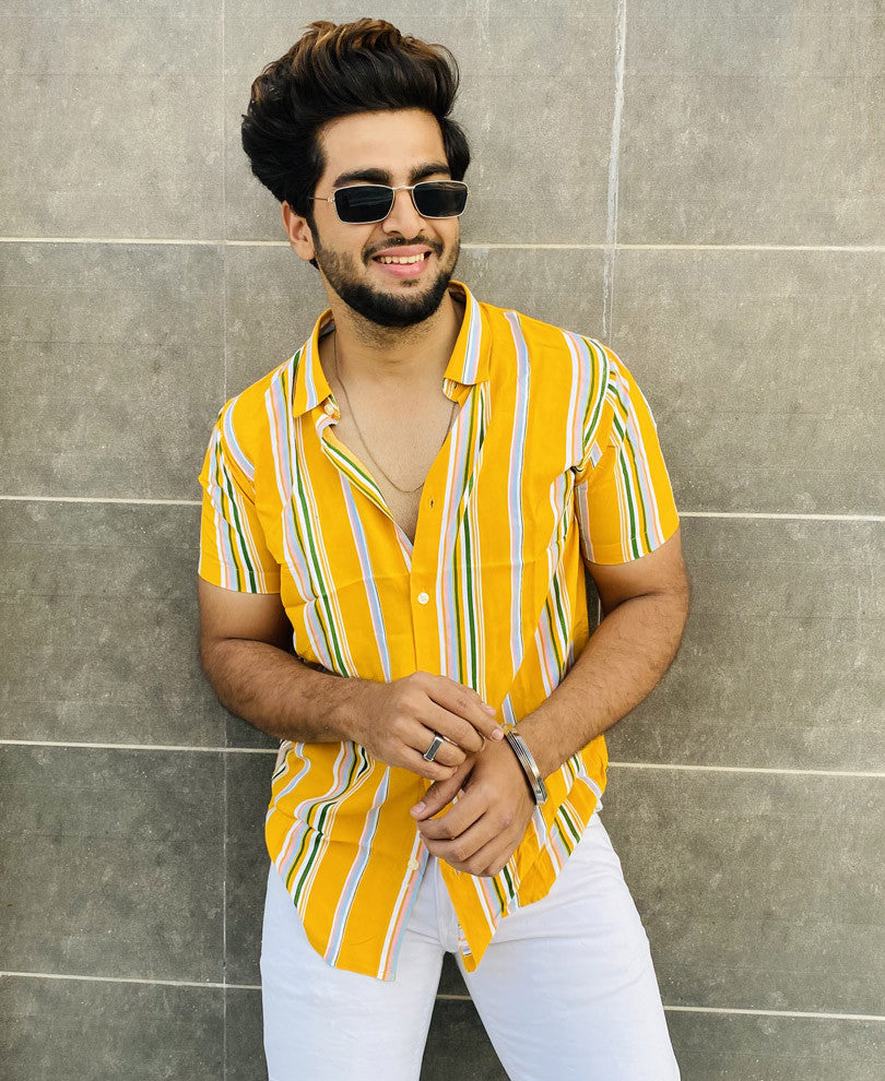 Yellow Vertical Stripes Half Sleeves Shirt