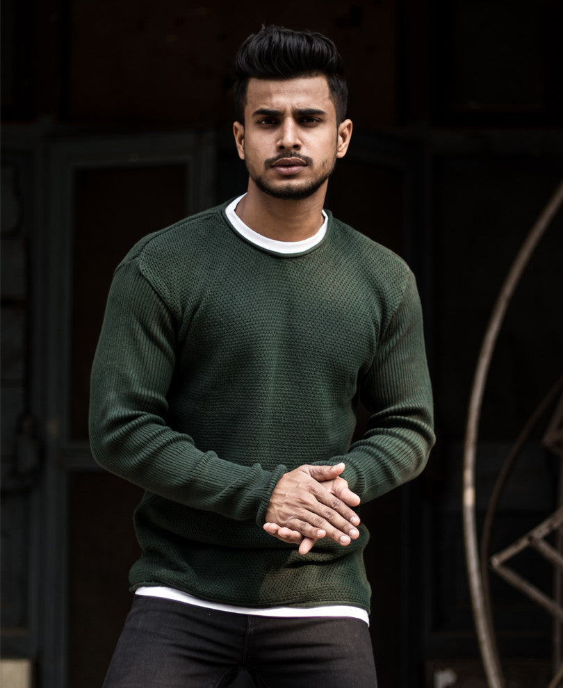Olive Green Knitted Full Sleeves T Shirt