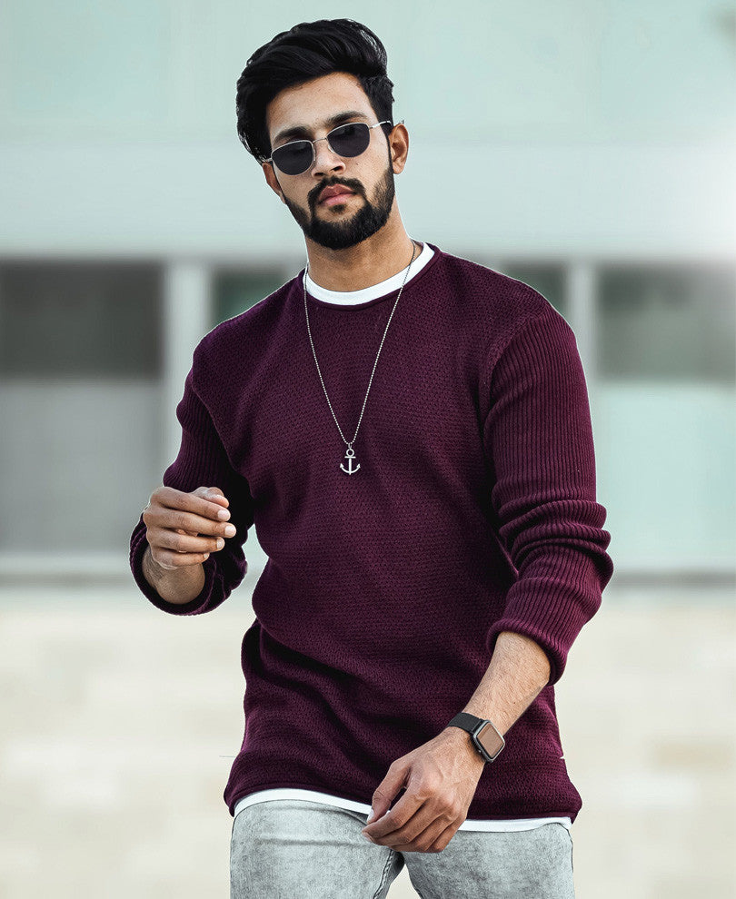 Maroon Knitted Full Sleeves T Shirt
