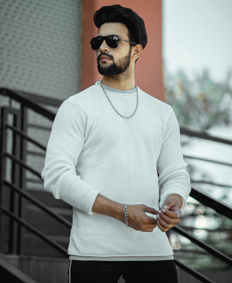White Knitted Full Sleeves T Shirt