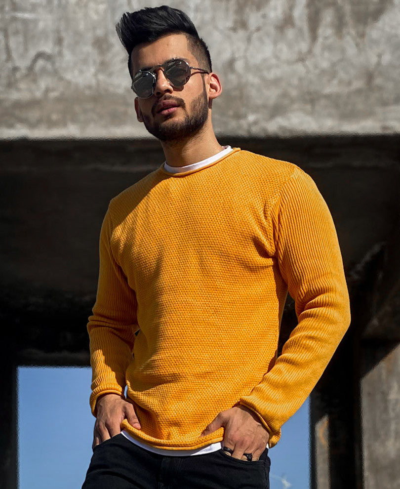Mustard Knitted Full Sleeves T Shirt