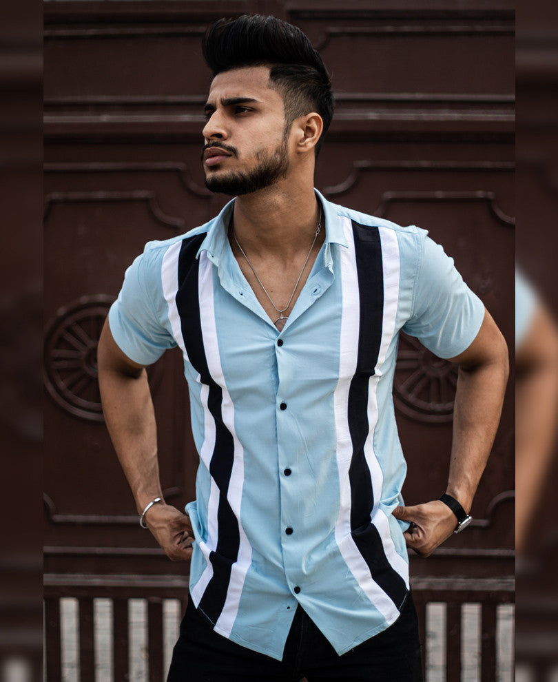 Sky Blue Double Stripe Half Sleeves Shirt
