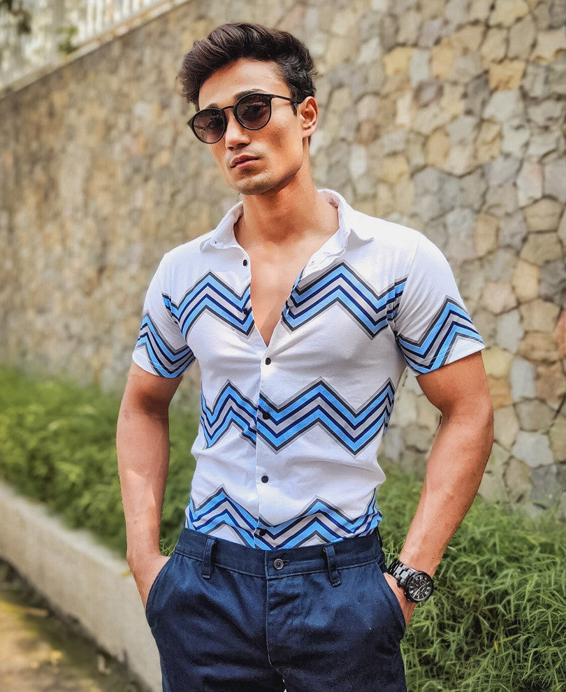 White Zig Zag Printed Half Sleeves Shirt
