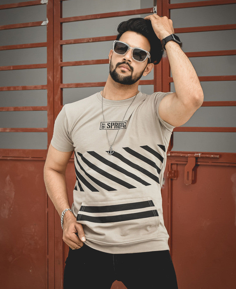 Beige Off Spring Printed Half Sleeves T Shirt