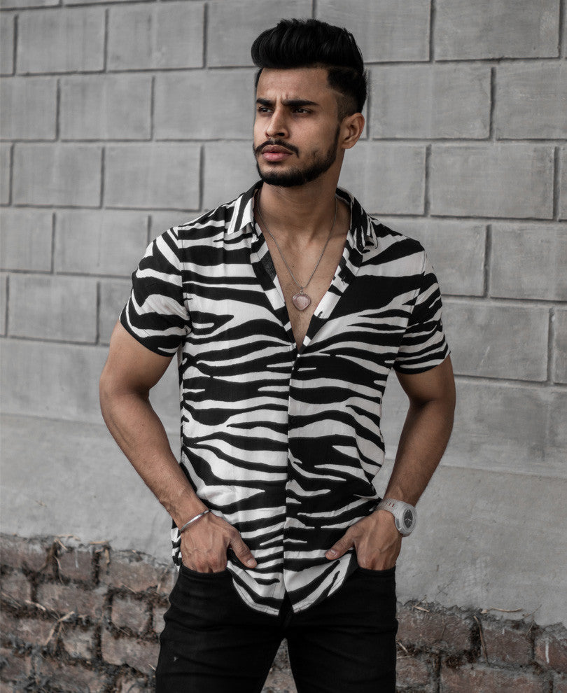 White Zebra Print Half Sleeves Shirt