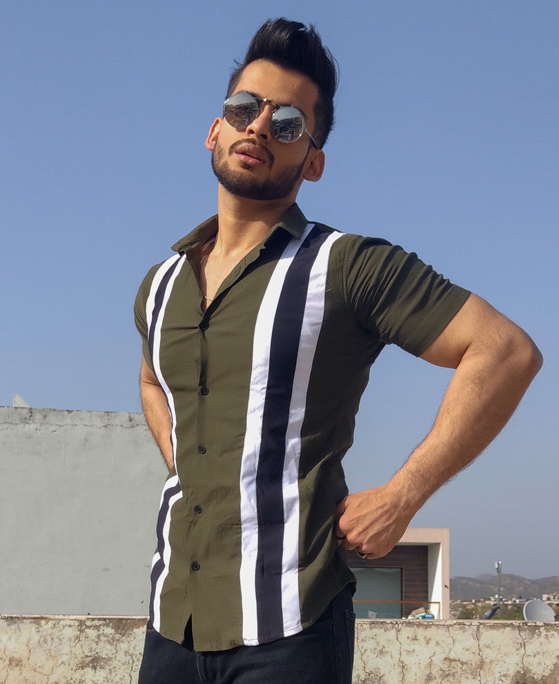 Olive Green Double Stripe Half Sleeves Shirt