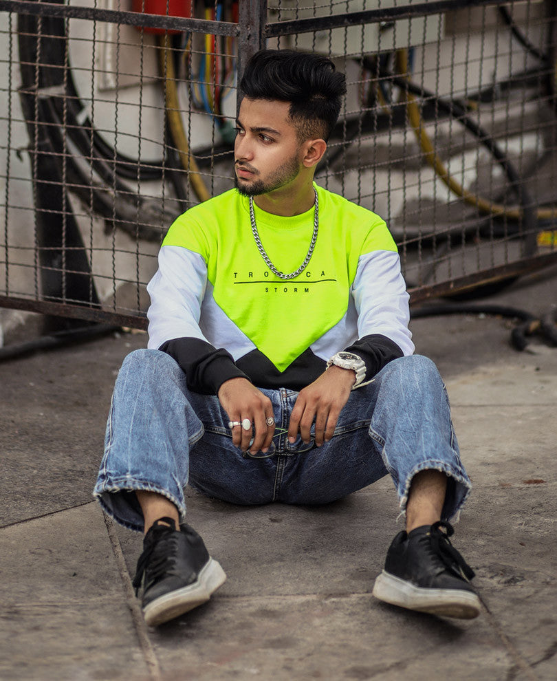 Neon Green Tropical Storm Printed Full Sleeves T-Shirt