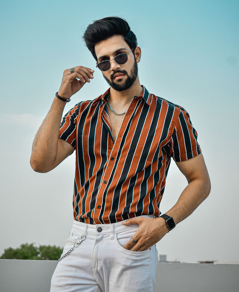 Brown and Navy Blue Stripes Half Sleeves Shirt