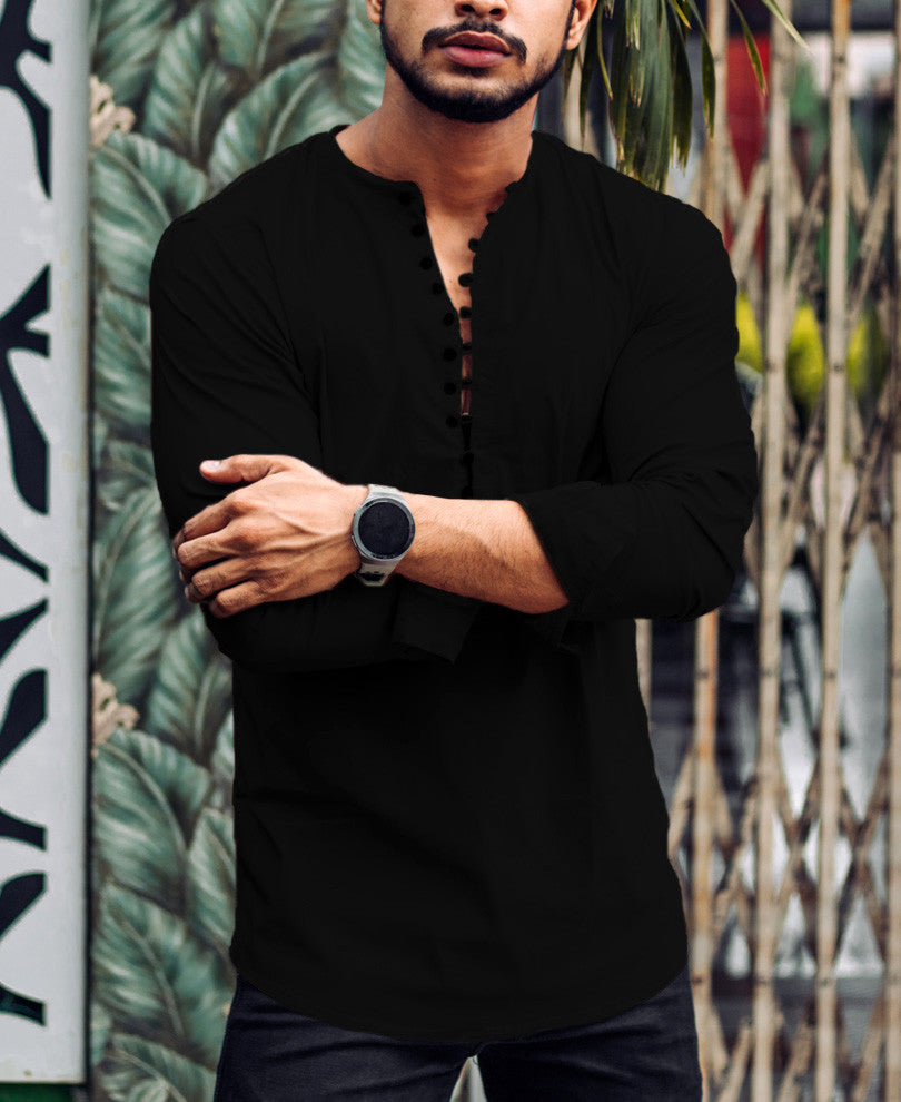 Black Plain Kurta Full Sleeves Shirt