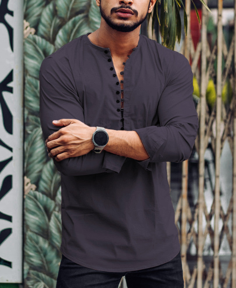 Grey Plain Kurta Full Sleeves Shirt