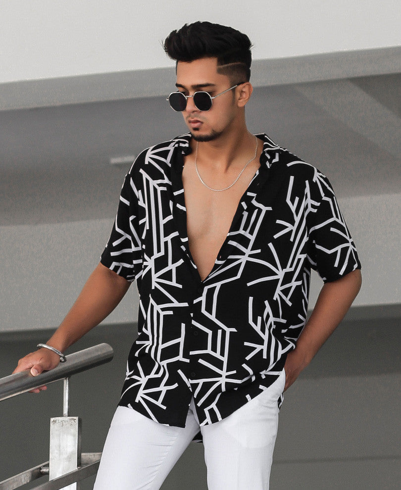 Black Abstract Striped Half Sleeves Shirt