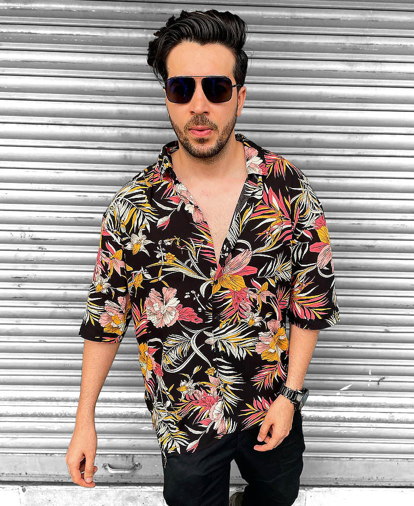 Mens Black Floral Oversize Drop Shoulder Shirt