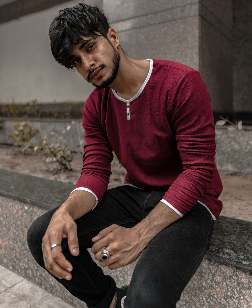 Maroon Basic Henley Full Sleeves T Shirt