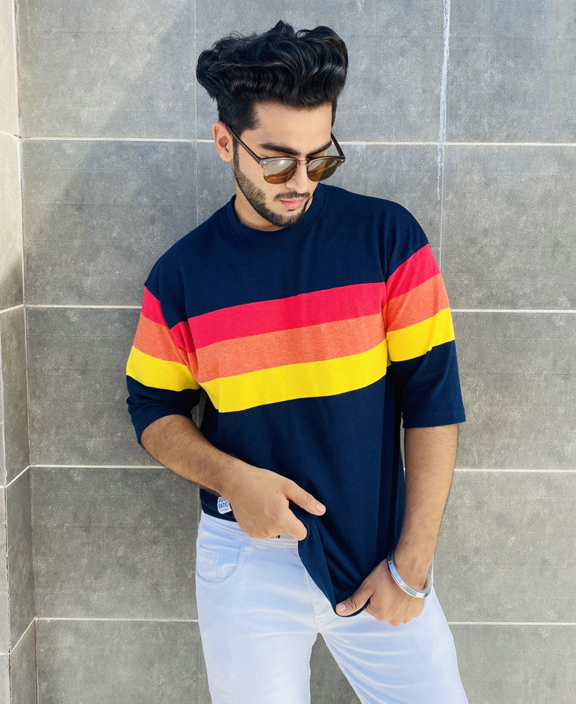 Navy Blue Triple Stripe Oversize Drop Shoulder T Shirt