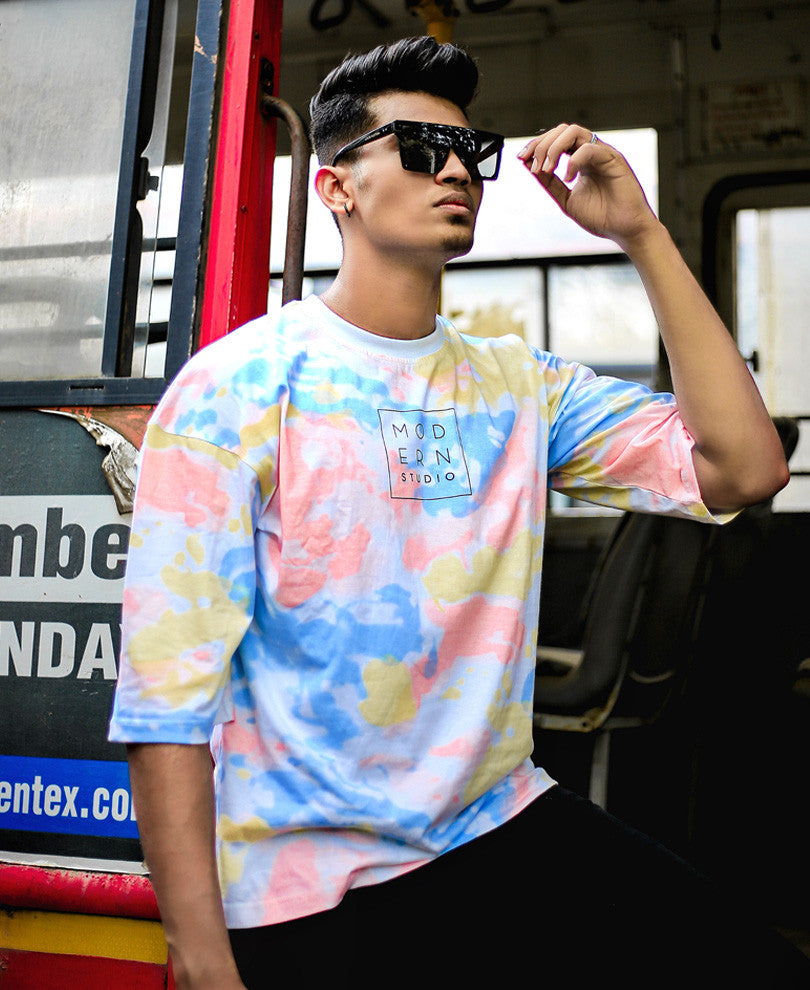 White Modern Studio Tie-Dye Print Oversize Drop Shoulder T Shirt