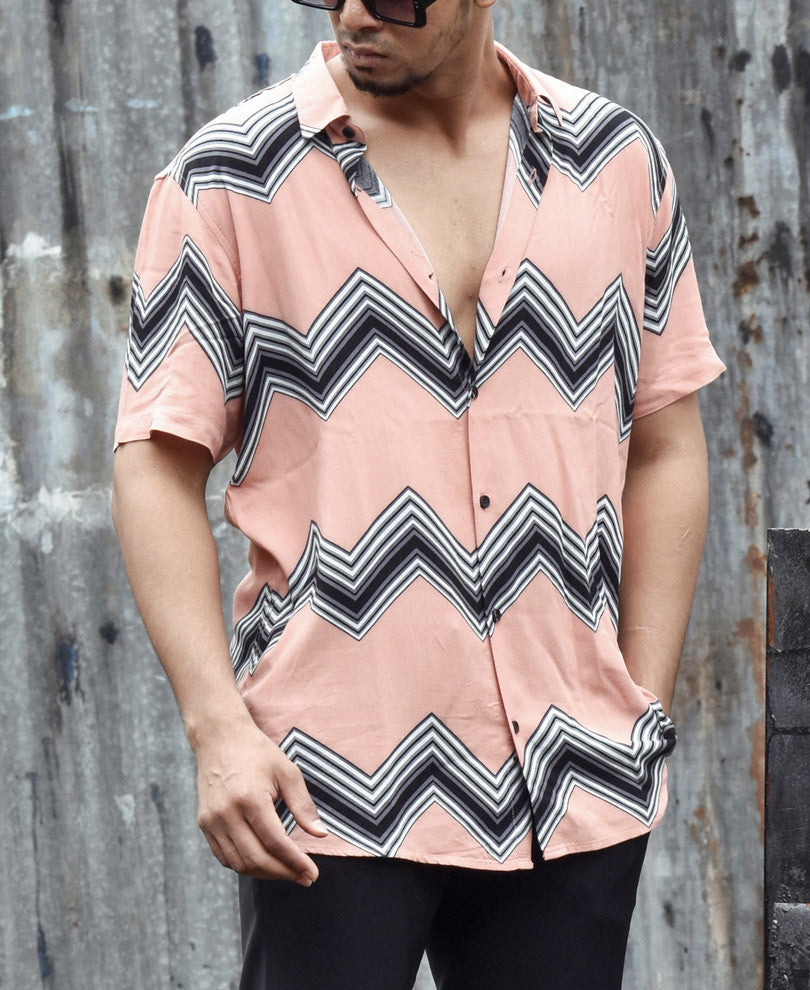 Pink Zig Zag Lines Print Half Sleeves Shirt