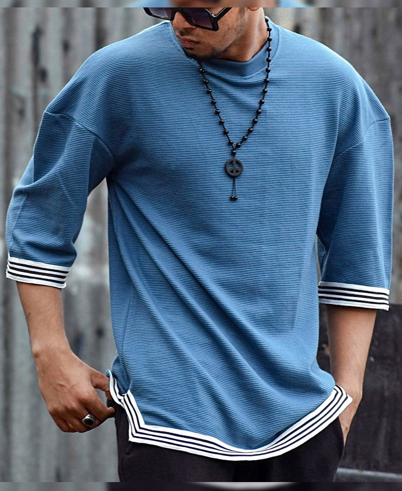 Turquoise Blue Oversize Drop Shoulder With Stripes Half Sleeves T Shirt