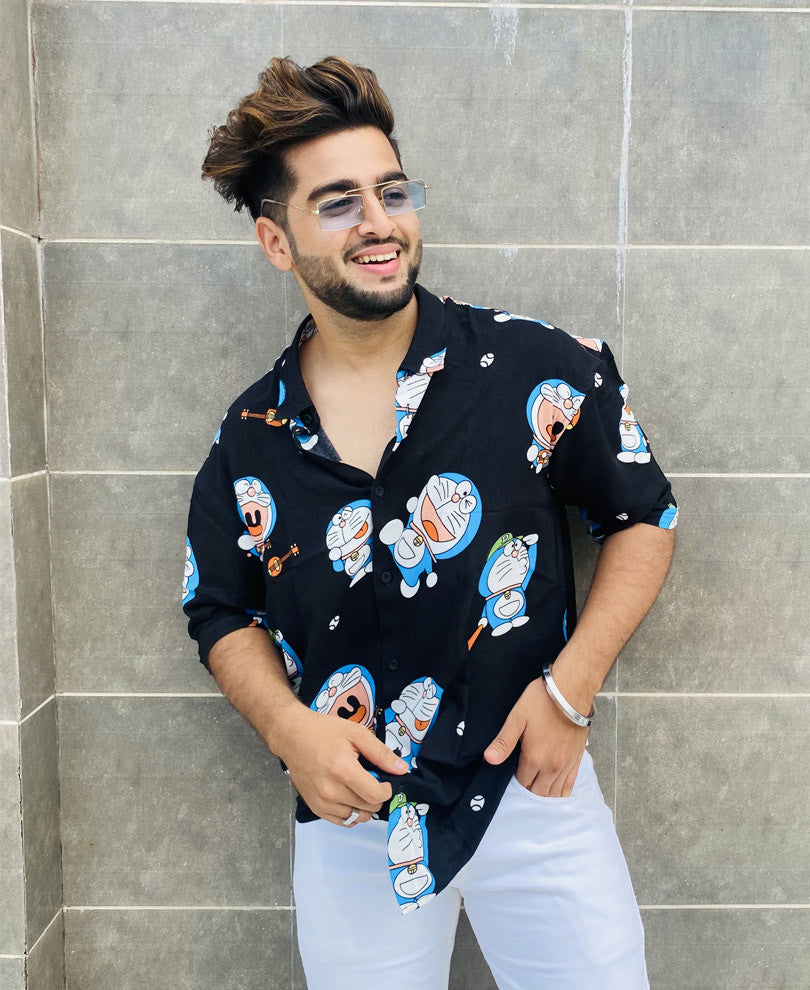 Black Doraemon Print Oversize Drop Shoulder Shirt