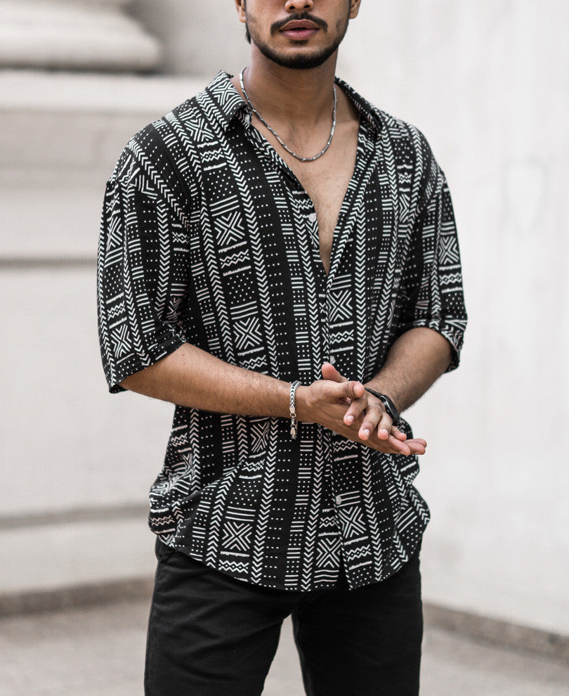 Black Ethnic Print Oversize Drop Shoulder Shirt