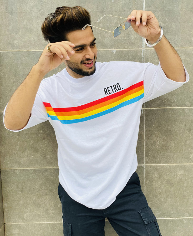 White Retro Printed Oversize Drop Shoulder T Shirt
