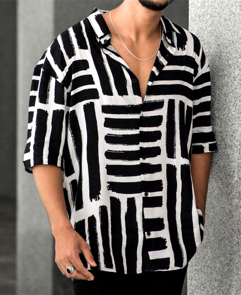 Black and White Multiple Stripes Oversize Drop Shoulder Shirt