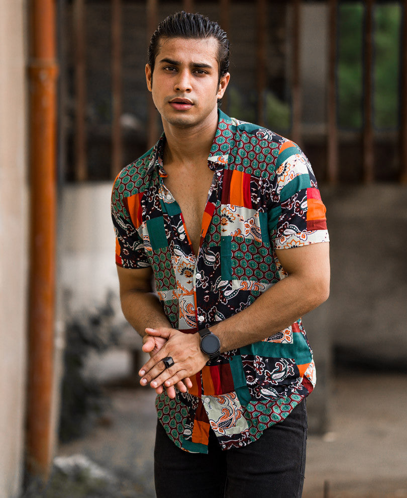 Mens Light Green Patchwork Print Half Sleeves Shirt