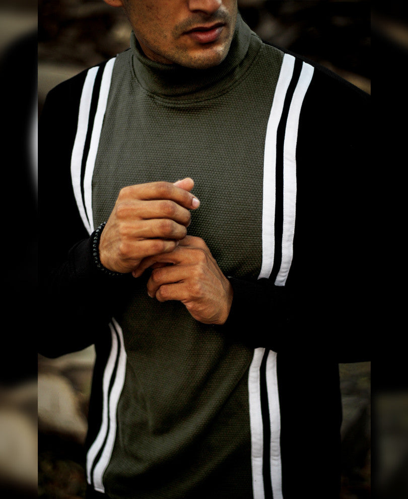 Olive Green Multi Stripe Polo Neck Full Sleeves T Shirt