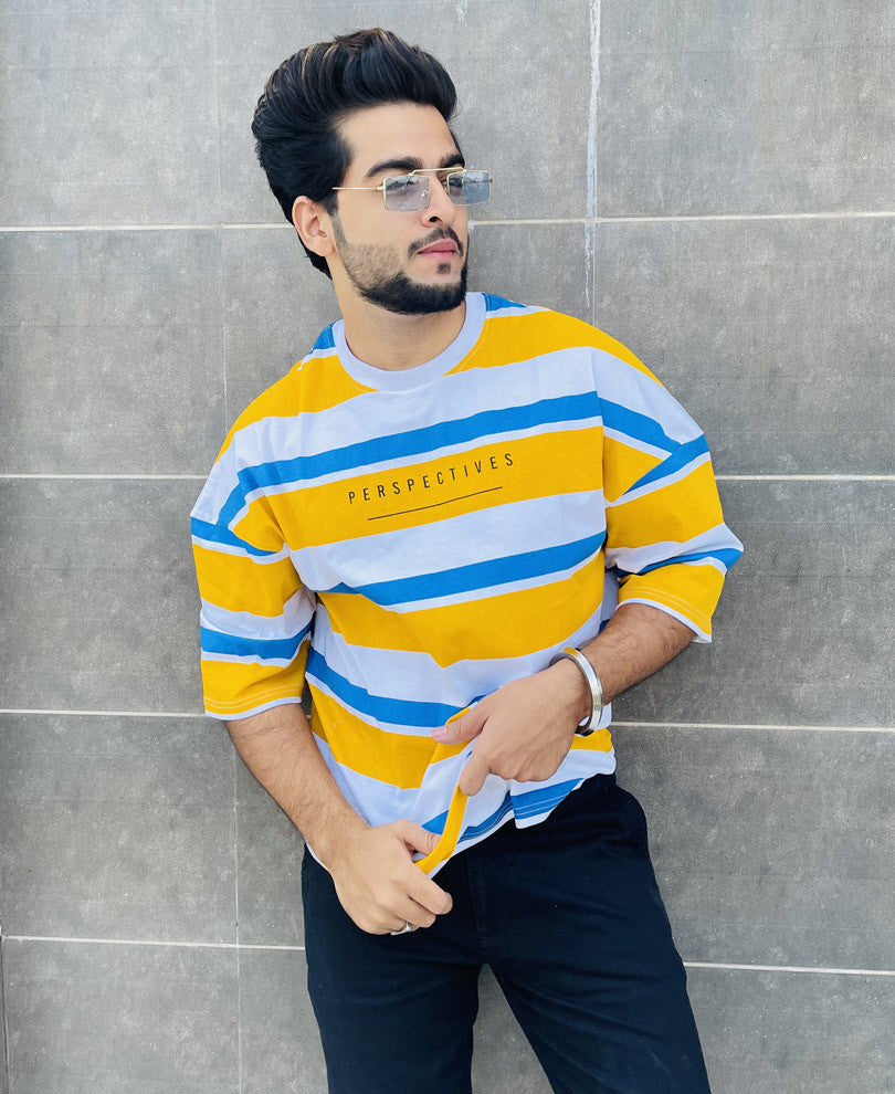 Yellow and White Perspectives Oversize Drop Shoulder T Shirt