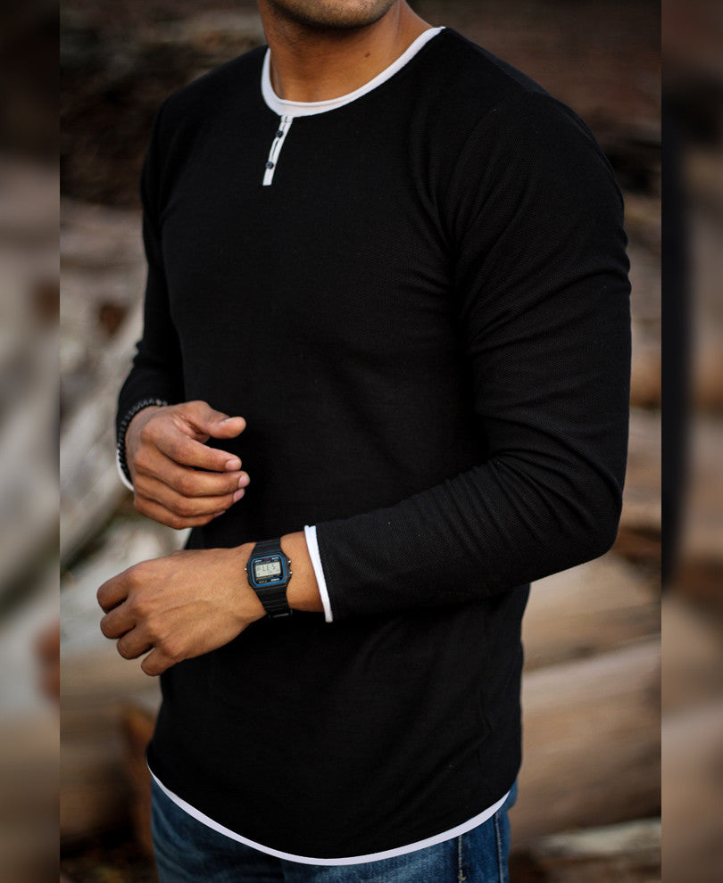 Black Basic Henley Full Sleeves T Shirt