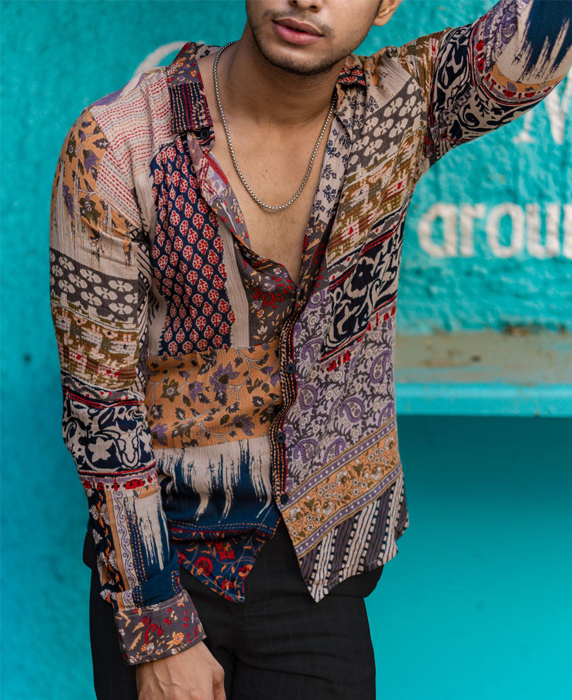 Brown Abstract Print Full Sleeves Shirt