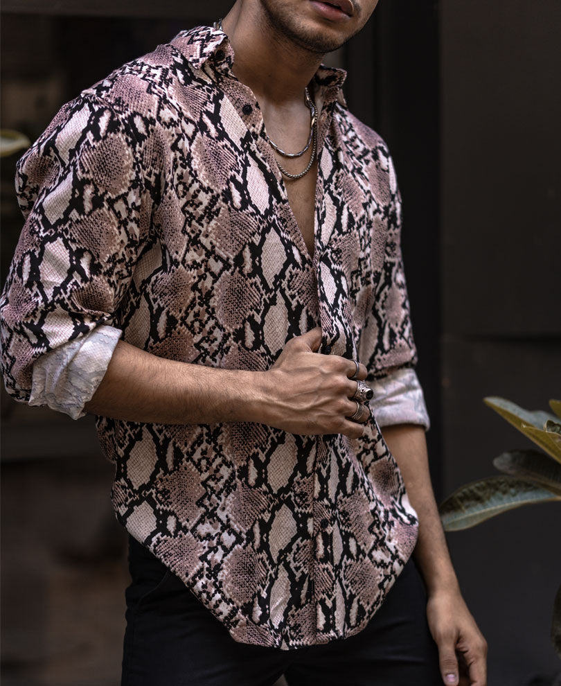 Beige Snake Skin Print Full Sleeves Shirt