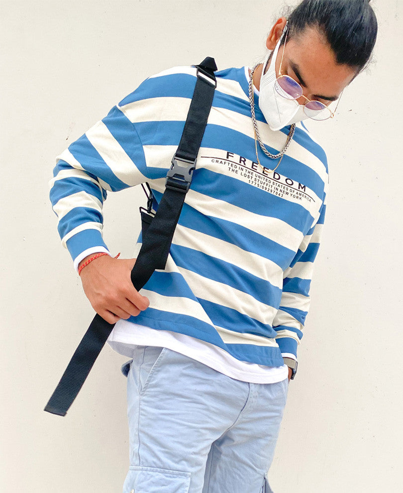 Blue and White Freedom Stripes Oversize Drop Shoulder T Shirt