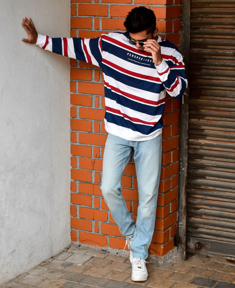 White and Blue Perspectives Stripe Oversize Drop Shoulder T Shirt