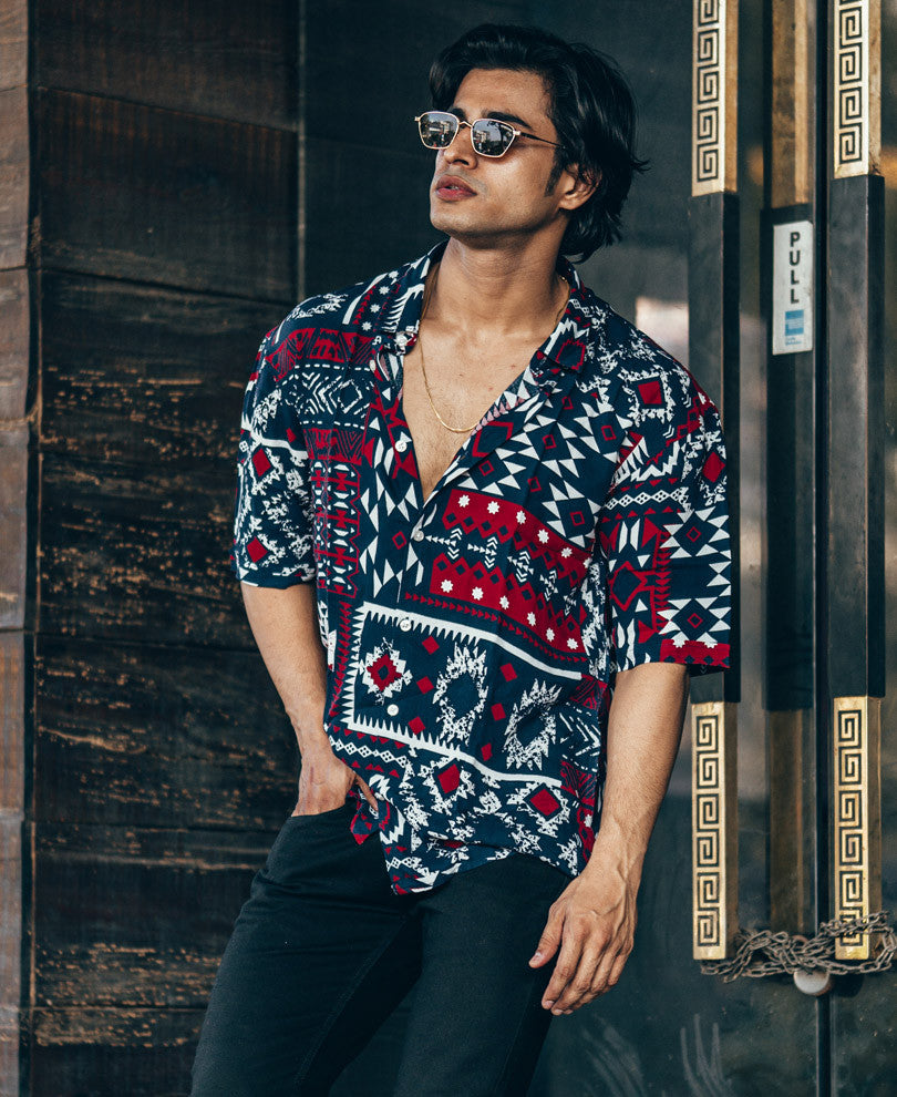 Navy Blue and Red Patchwork Print Oversize Drop Shoulder Shirt