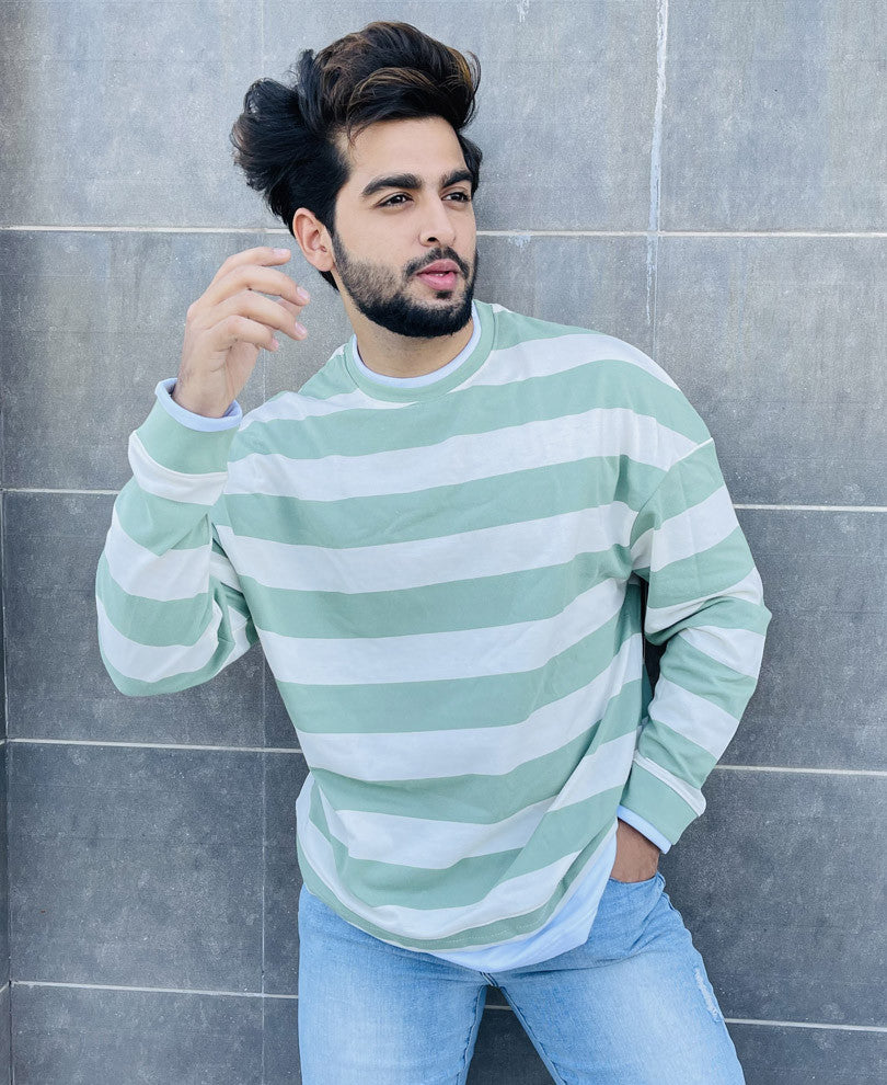 White and Green Stripes Oversize Drop Shoulder T Shirt