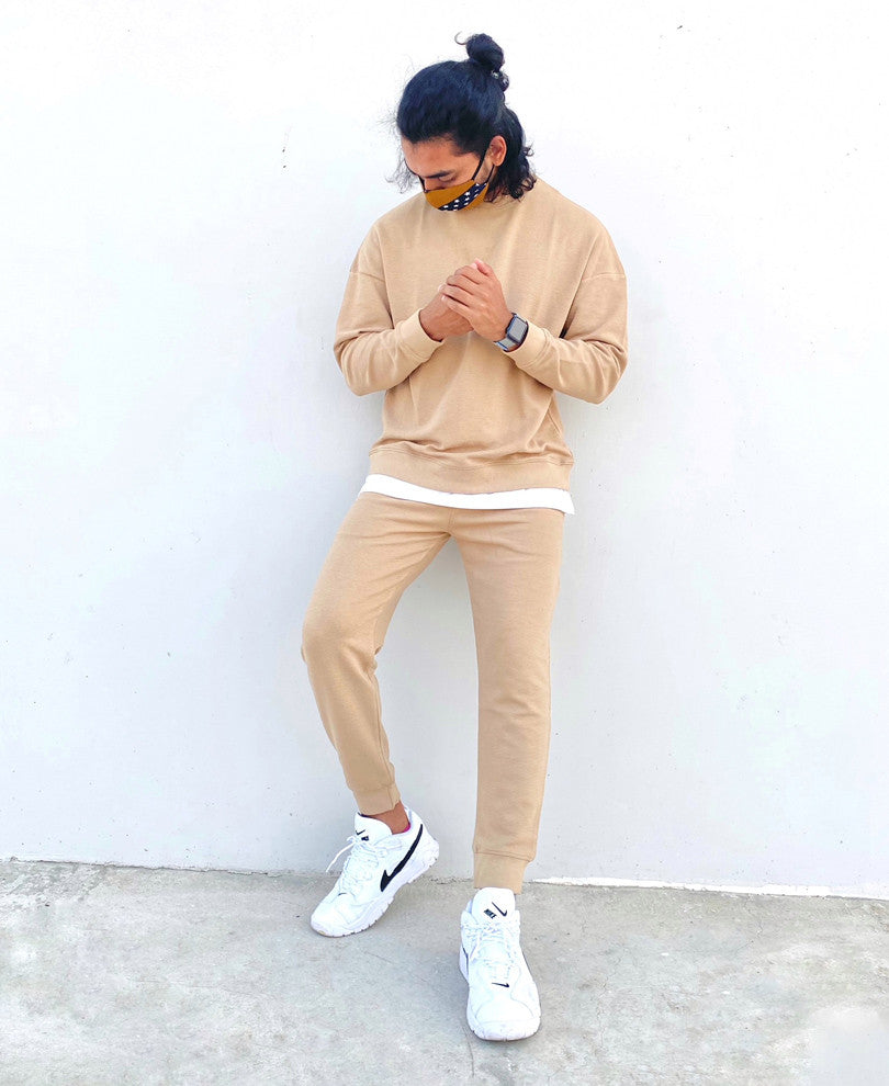 Beige Panel Attached Oversize Drop Shoulder Tracksuit
