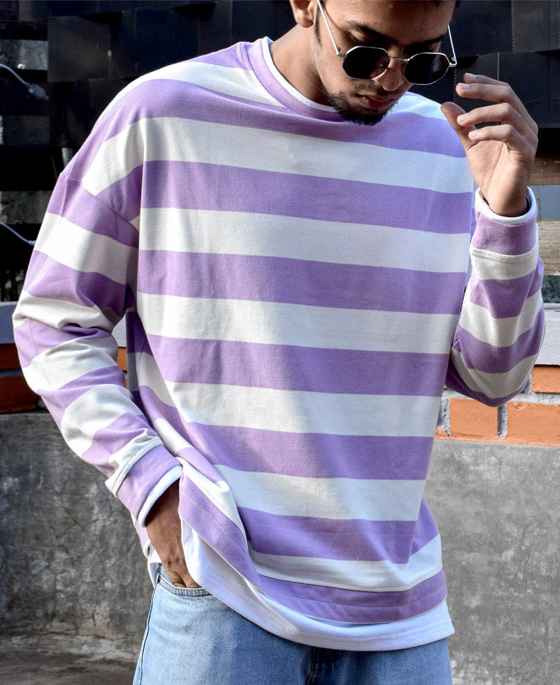 Purple and White Stripes Oversize Drop Shoulder T Shirt