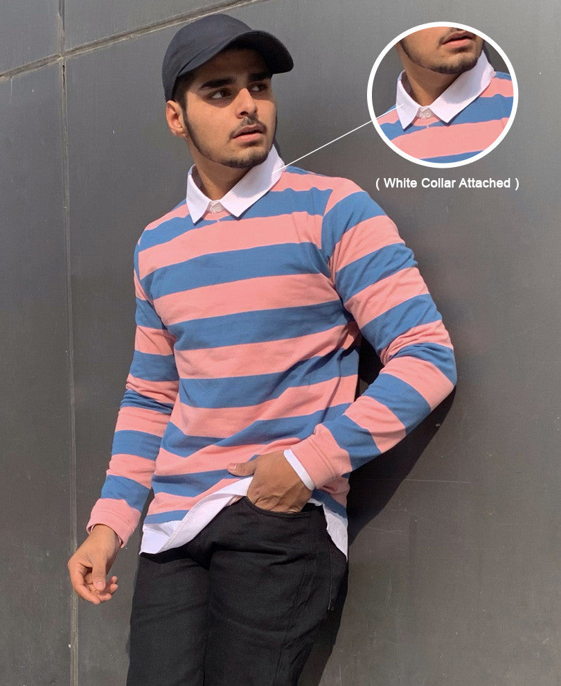 Peach and Blue Collar Attached Full Sleeves T Shirt