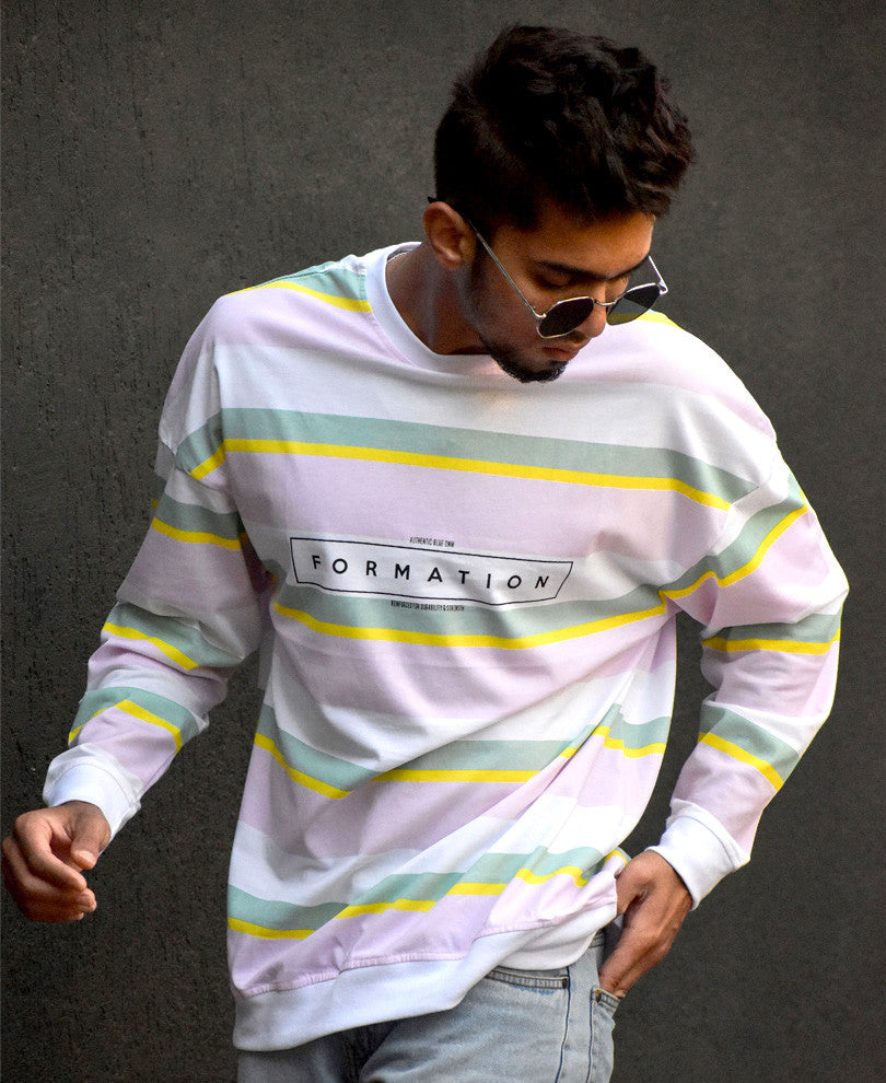 Pink and White Formation Stripes Print Full Sleeves T Shirt