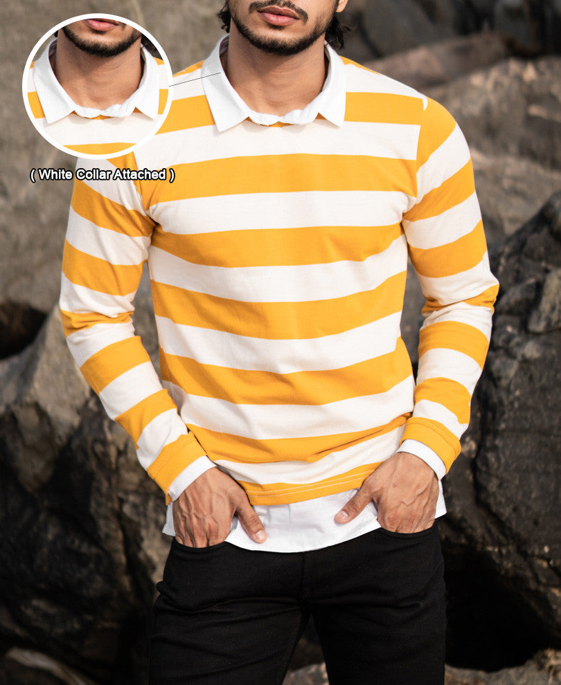 Mustard and White Collar Attached Full Sleeves T Shirt
