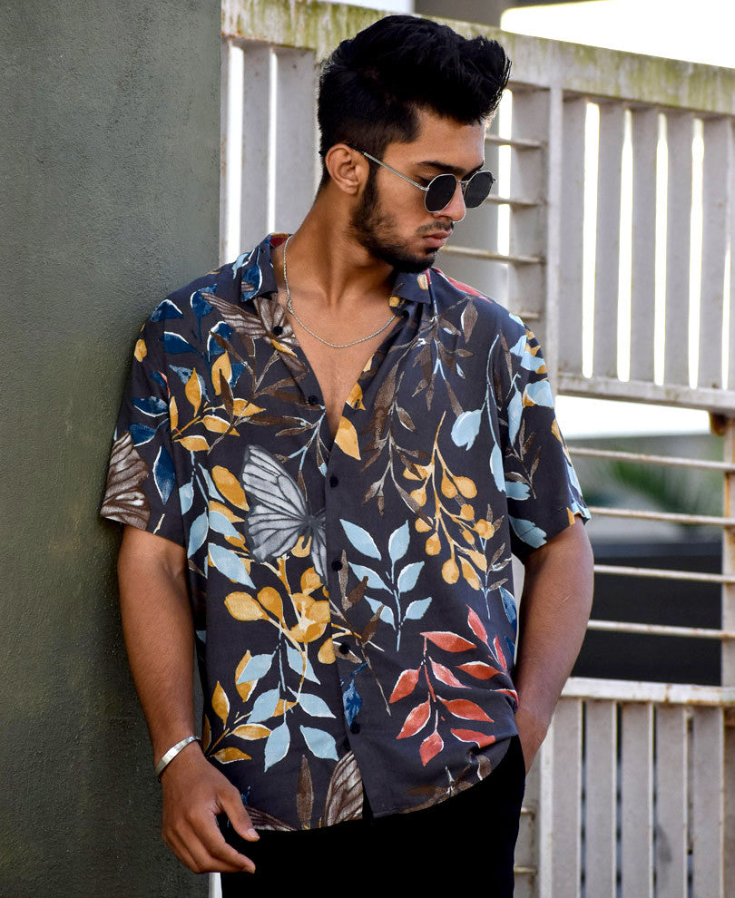 Grey Leaves Printed Half Sleeves Shirt