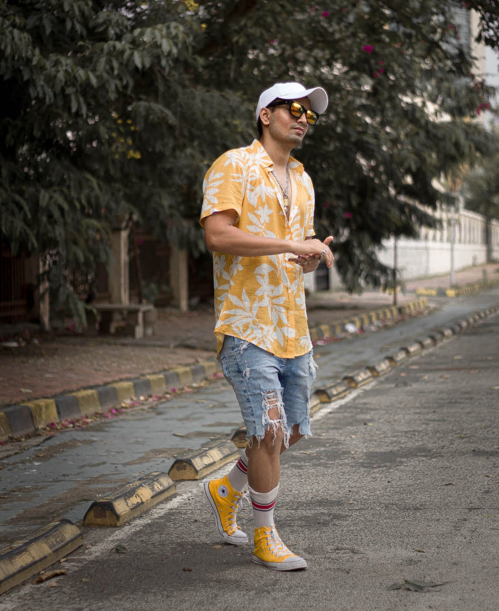 Yellow Tropical Floral Print Half Sleeves Shirt