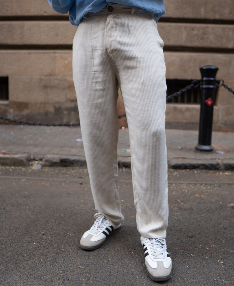 Beige Self Stripe Linen Pant