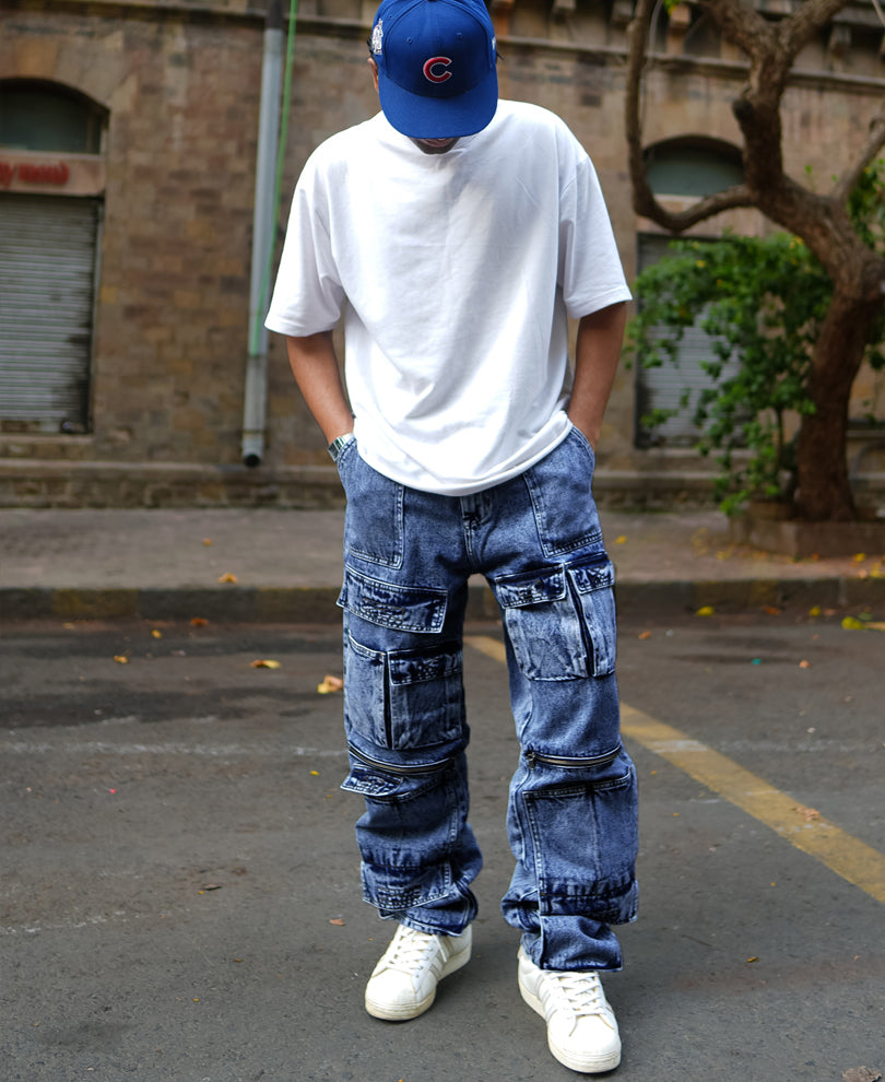 Blue Baggy fit Denim Cargo Pants